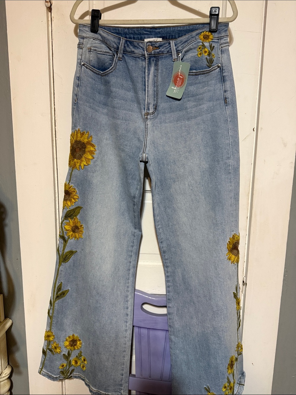 Oli & Hali Light Blue Flare Jeans with Yellow Sunflower Embroidery